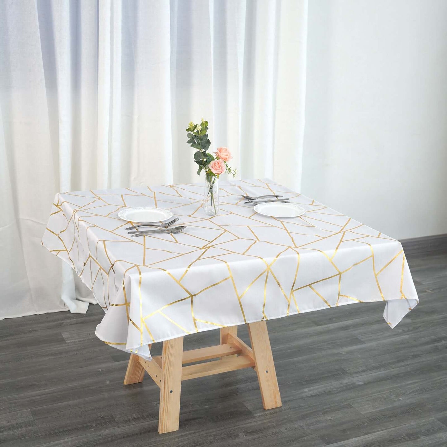Polyester 54"x54" Square Tablecloth White with Gold Foil Geometric Pattern - Wrinkle-Resistant & Durable for Stylish Settings