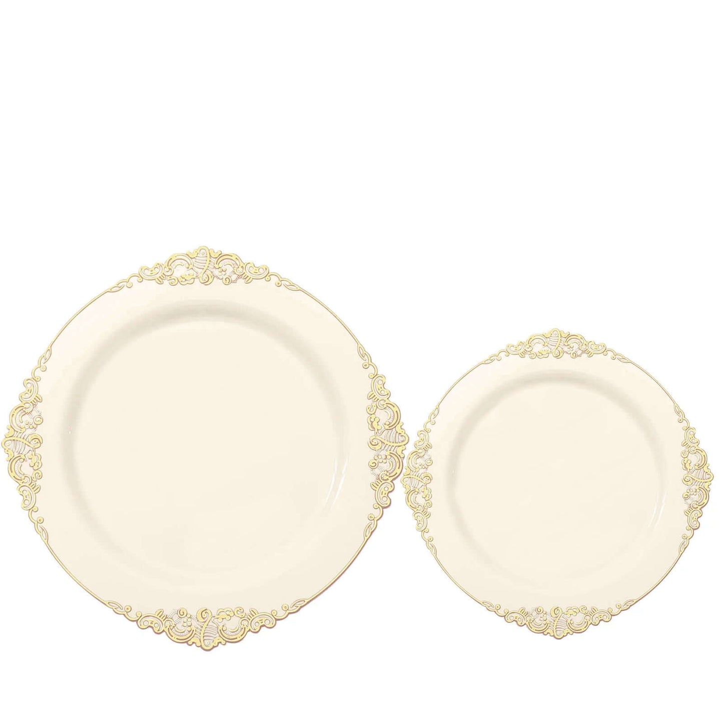 10-Pack Plastic 10" Round Dinner Plates in Ivory with Gold Leaf Embossed Rim - Disposable Vintage Baroque Style Plates