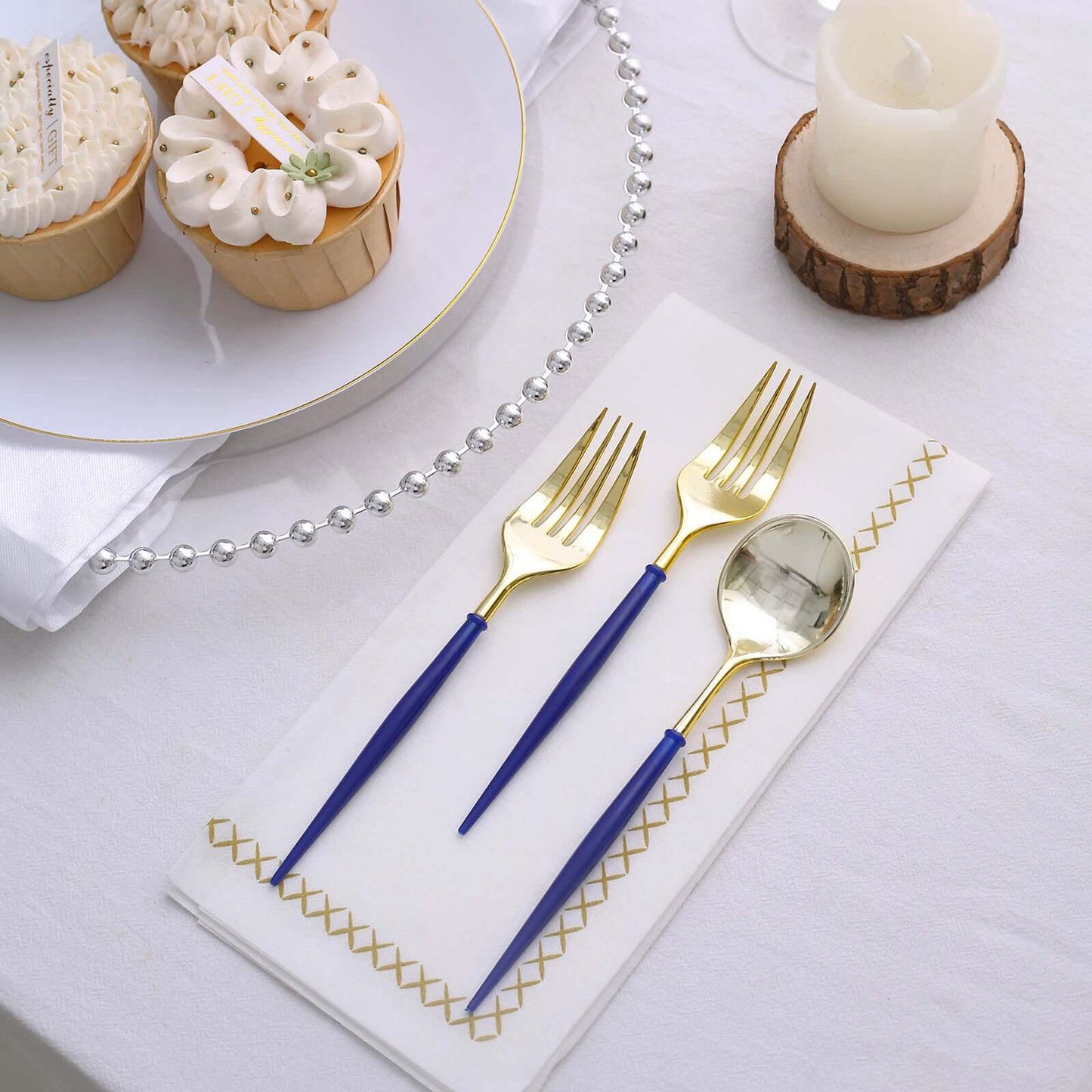 24-Pack Plastic Fork and Spoon Set Gold/Royal Blue 6"