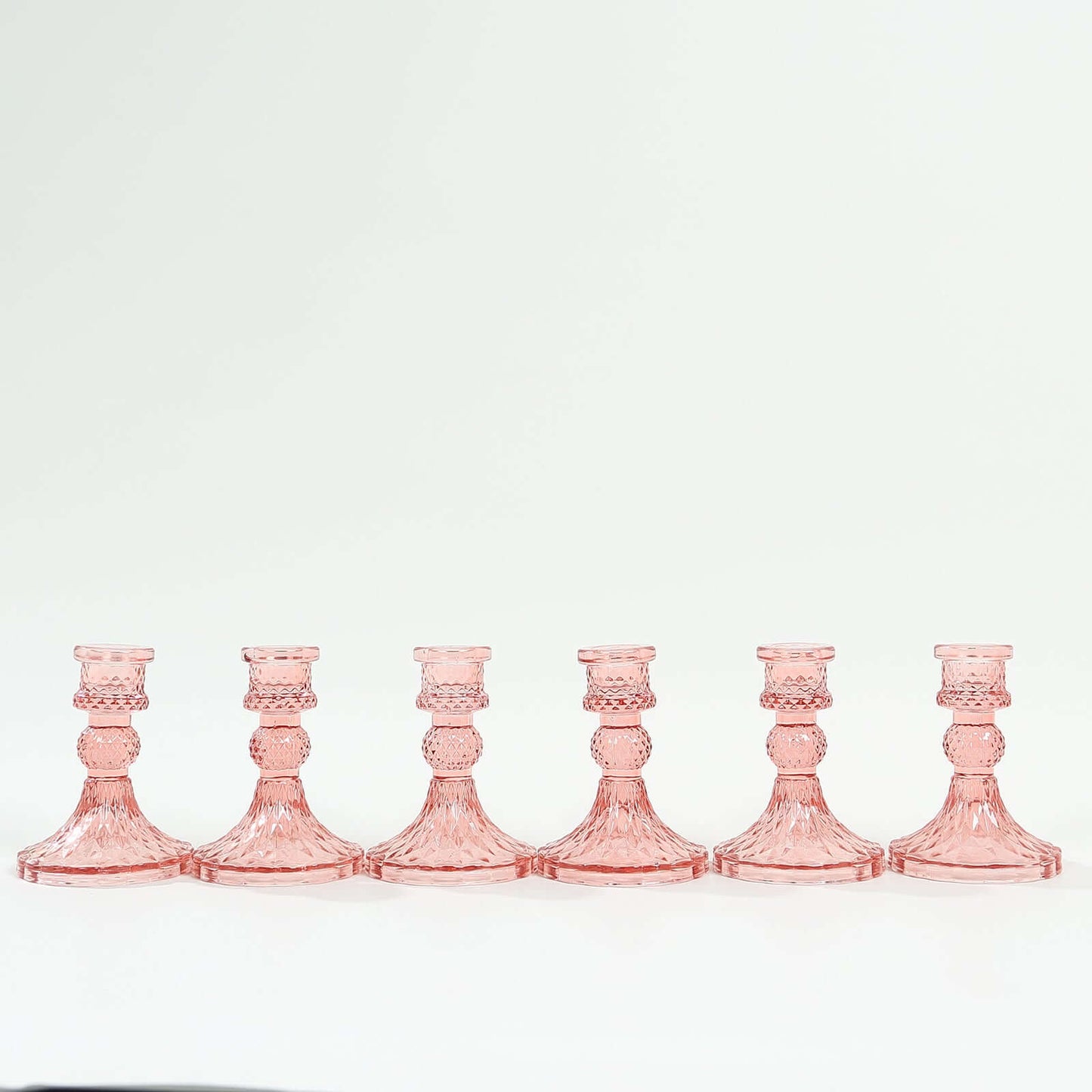 6-Pack Glass Taper Candlestick Holders Diamond Pattern Design Dusty Rose - Reversible Crystal Pillar Votive Stands 4"