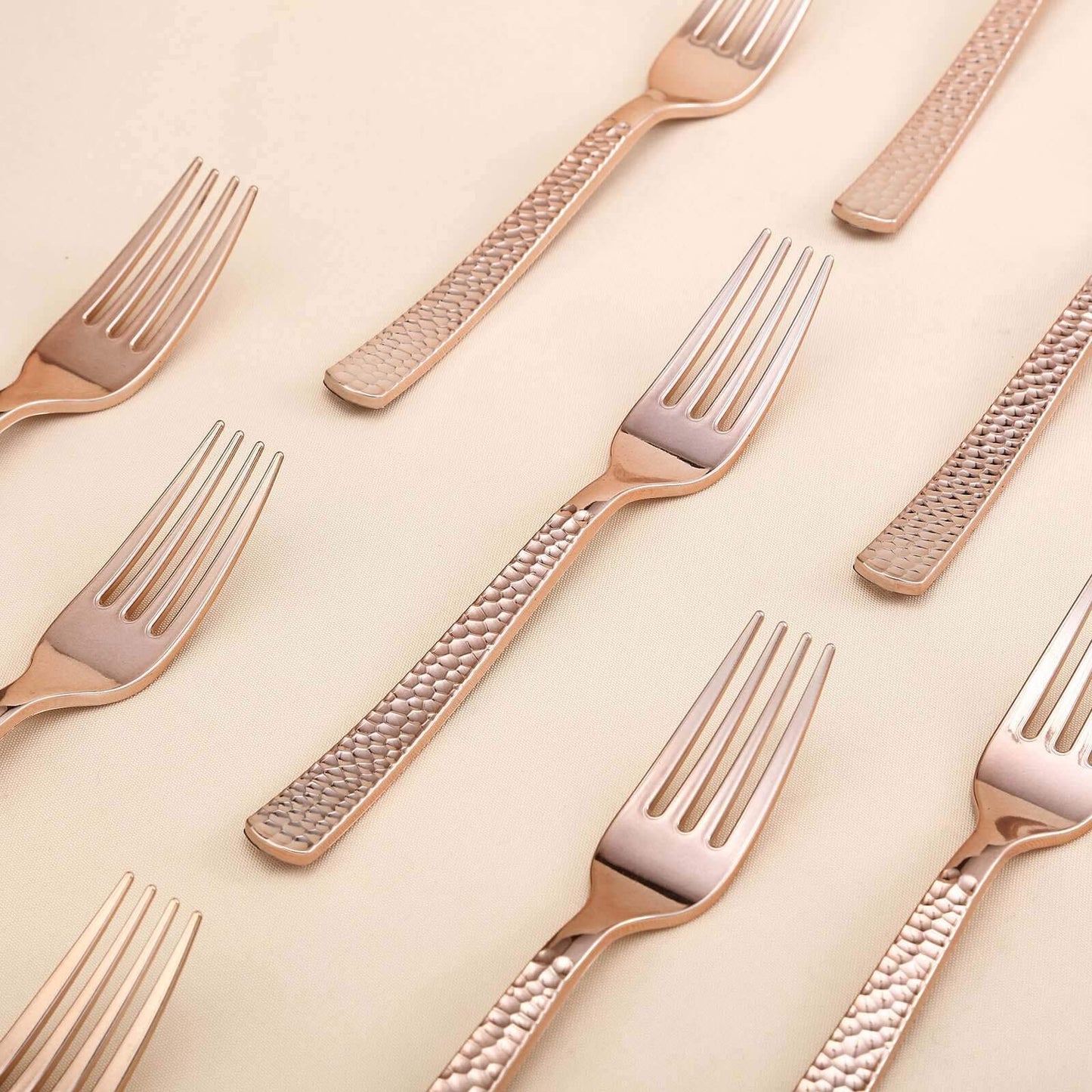 24-Pack Plastic Forks with Hammered Style Rose Gold - Heavy Duty Disposable Silverware 7"