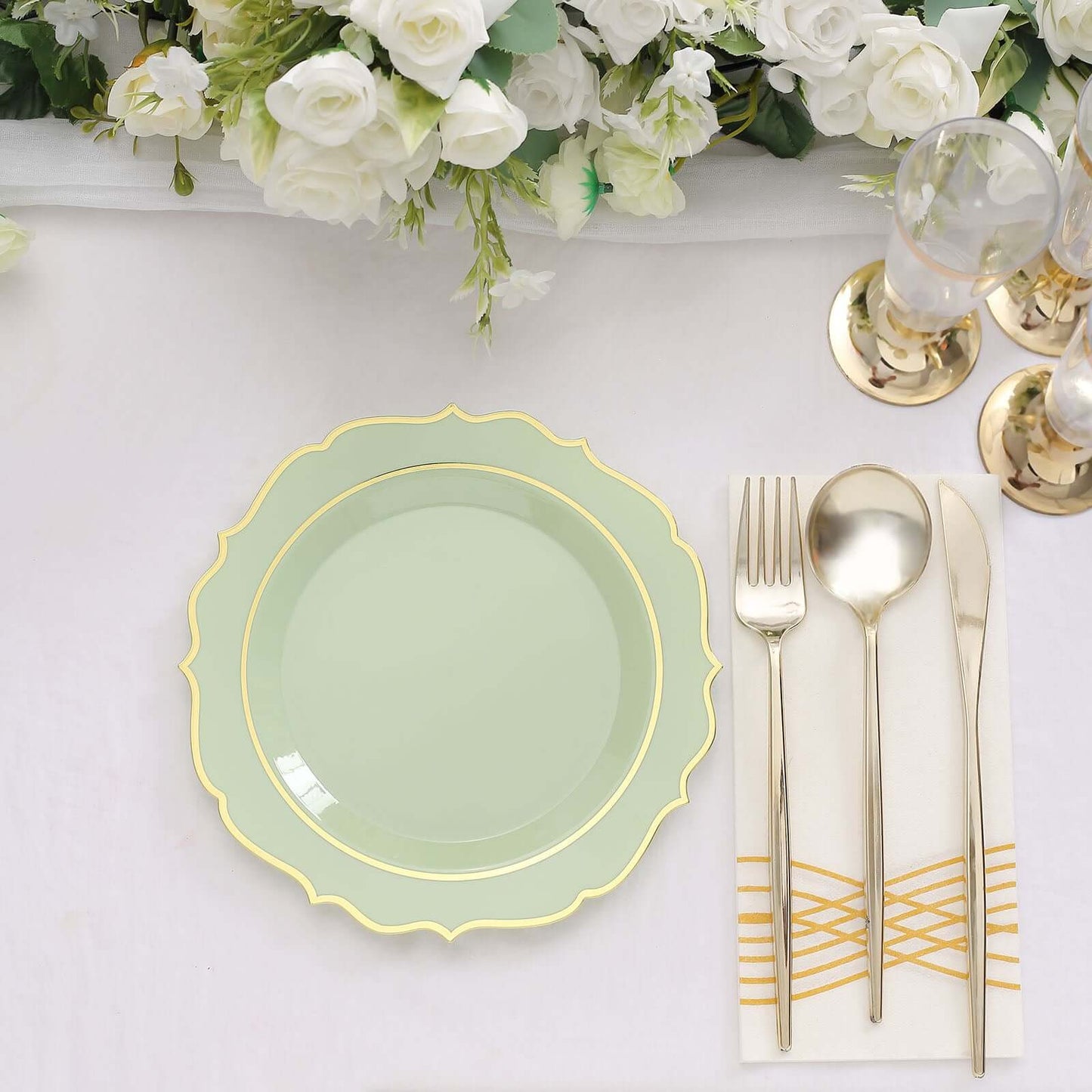 10-Pack Plastic 8" Round Dessert Plates in Sage Green with Gold Scalloped Rim - Disposable Appetizer/Salad Plates
