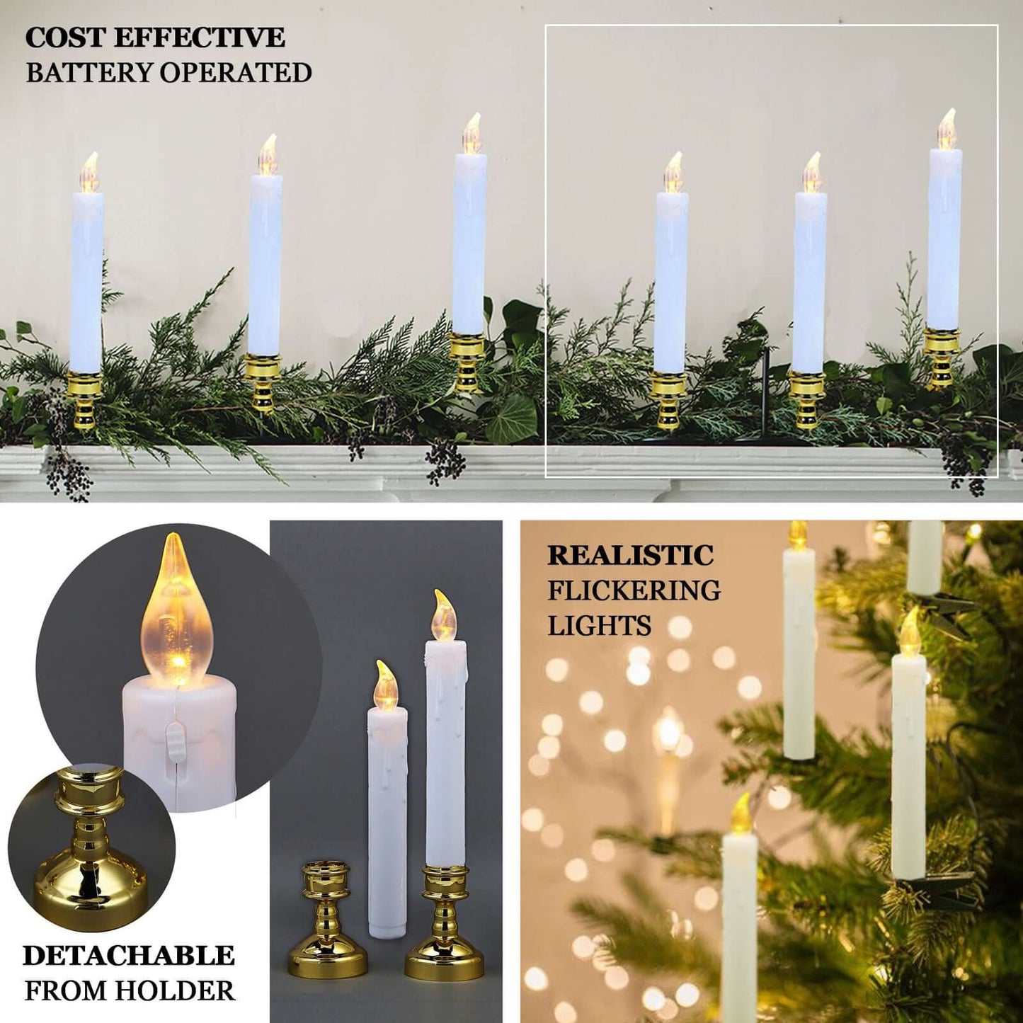 Set of 6 LED Window Candles Flickering White - Battery Operated Taper Candles with Gold Holders 10"