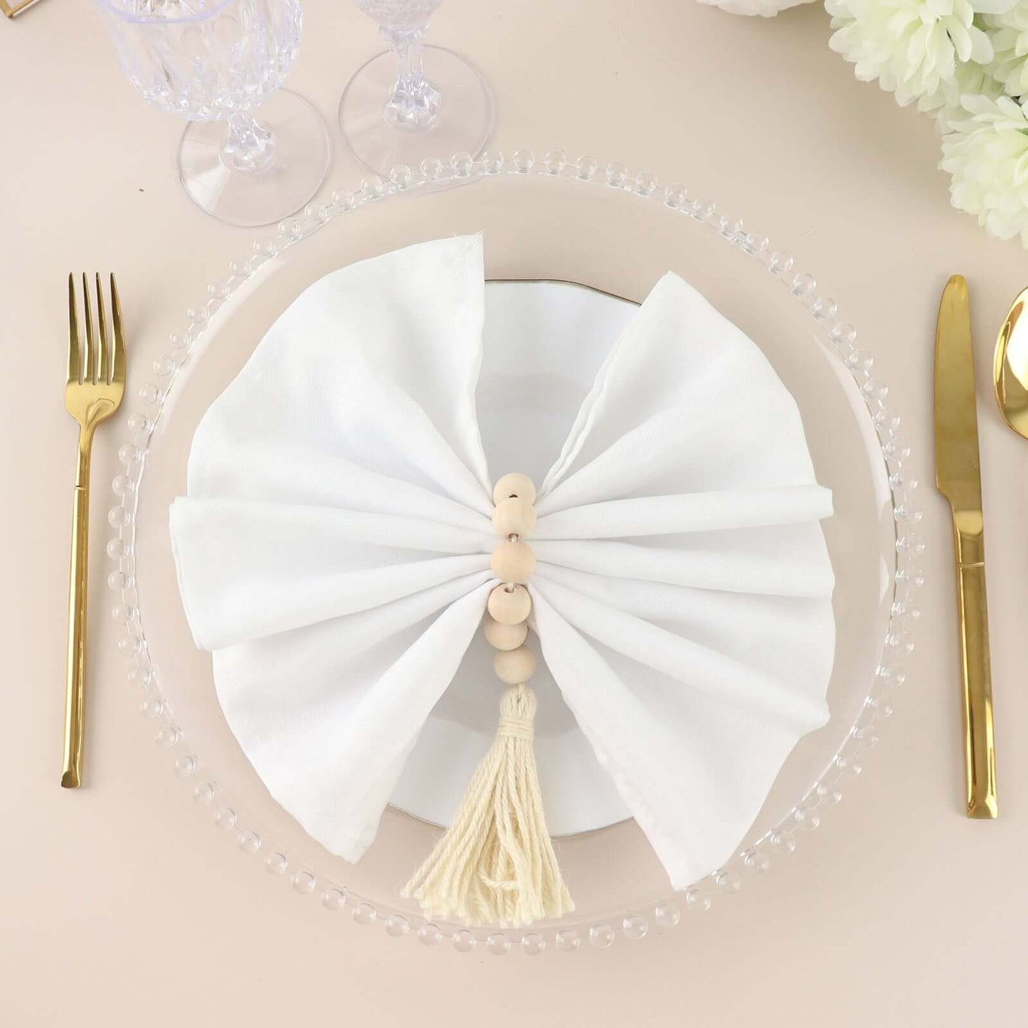 4 Pack 6" Cream Rustic Boho Chic Wood Bead Napkin Rings With Tassels, Farmhouse Country Napkin Holders