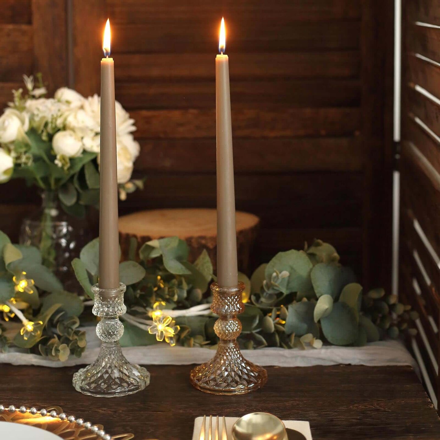 12-Pack Taper Candles Premium Wax Design Taupe - Unscented Candles for Upscale Settings 10"