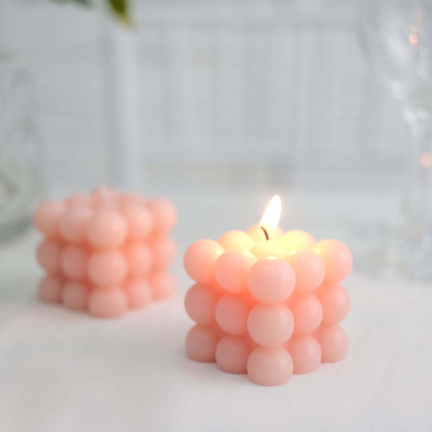 2-Pack Decorative Paraffin Wax Candles Bubble Cube Design Blush - Unscented Long Burning Pillar Candle Set 2"
