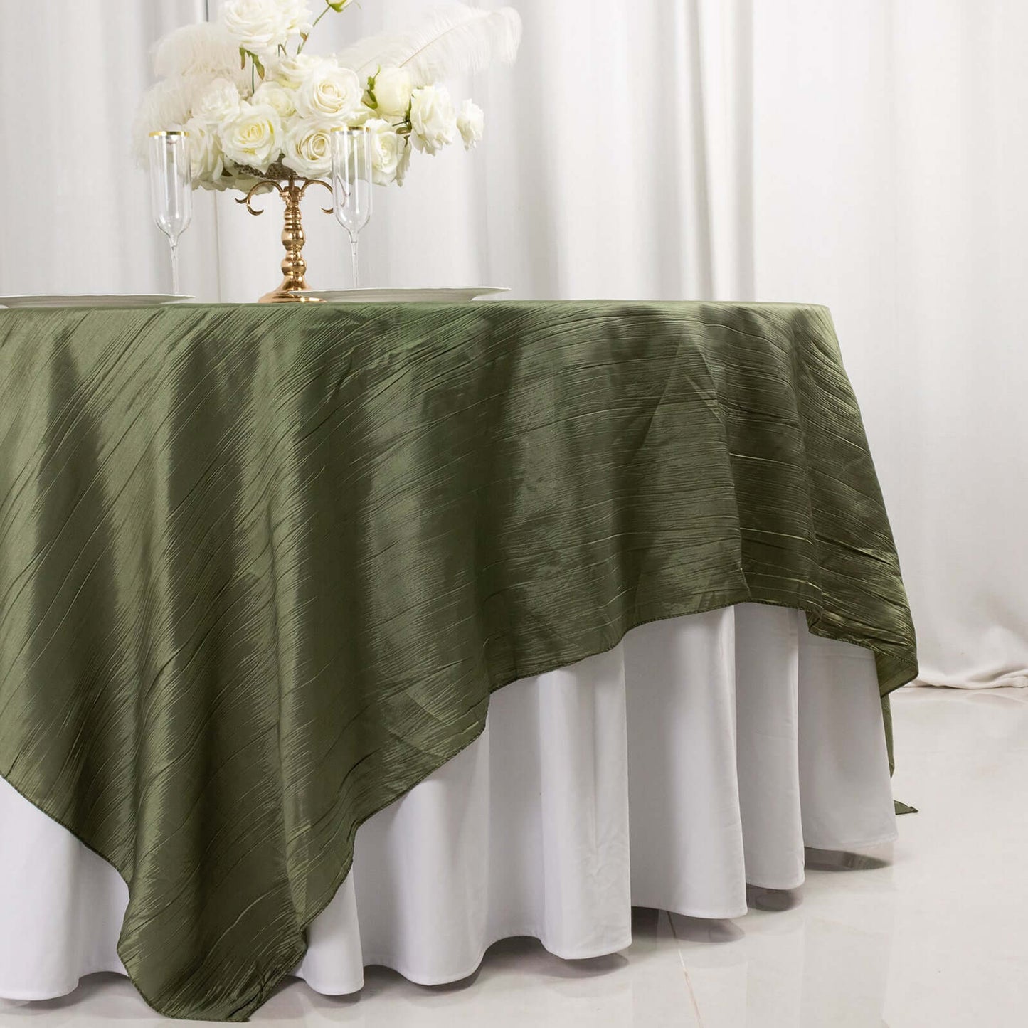 Taffeta 90"x90" Table Overlay Square Tablecloth Dusty Sage Green - Accordion Crinkle Table Cover