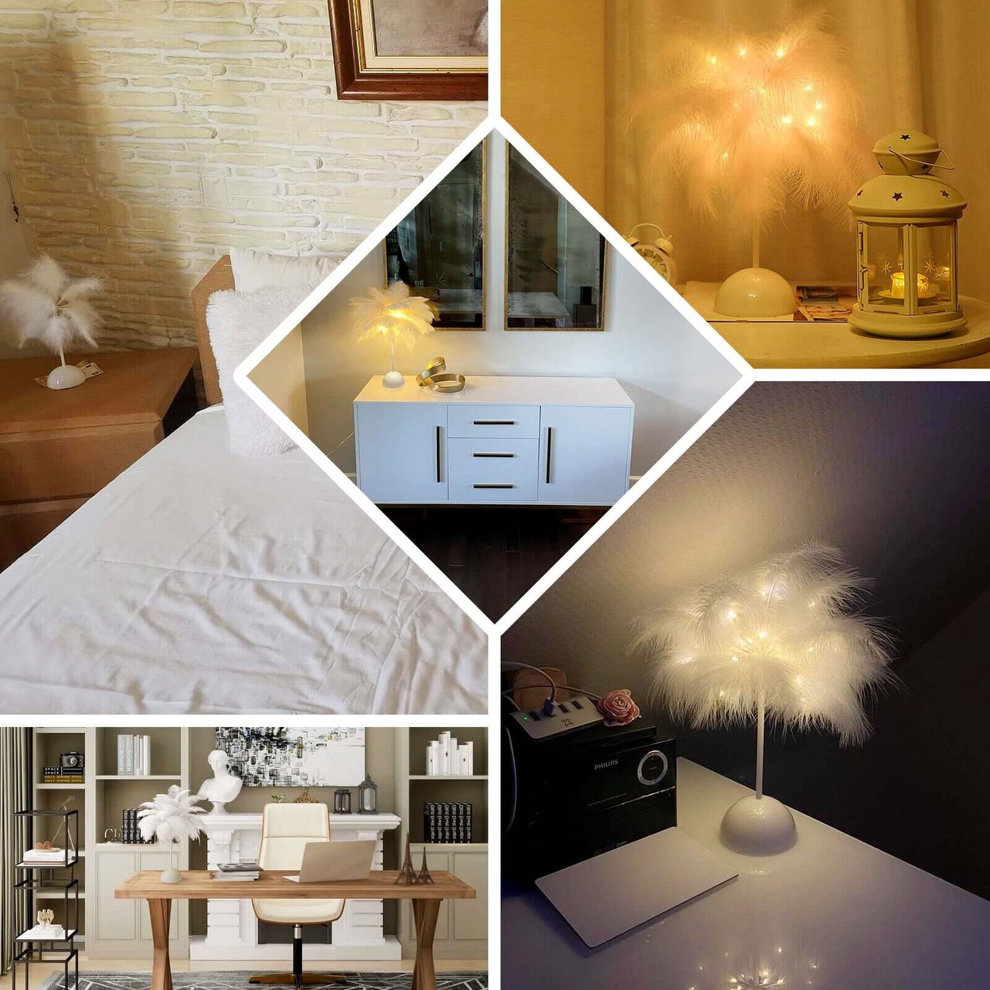 Table Lamp Feather Design Natural LED Battery Operated - Cordless Wedding Centerpiece 15"