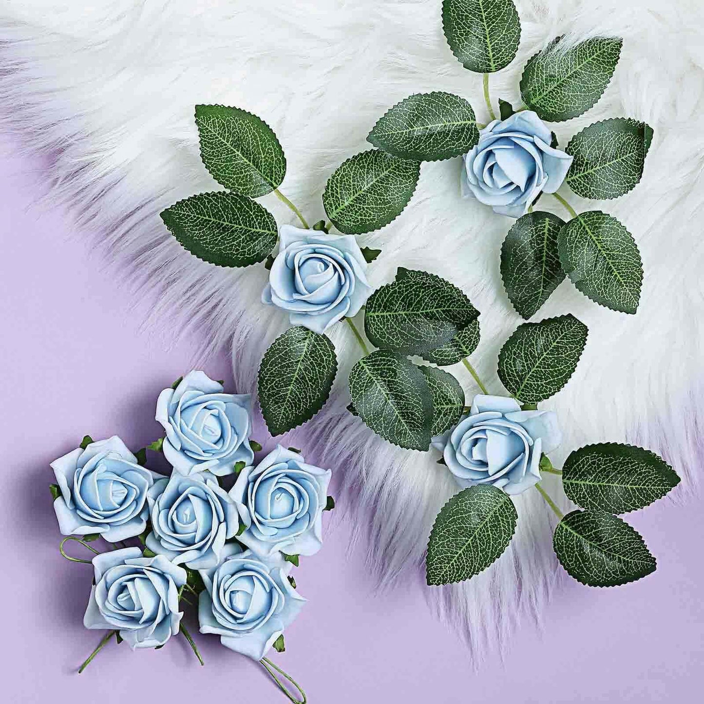 24 Roses 2" Dusty Blue Artificial Foam Flowers With Stem Wire and Leaves