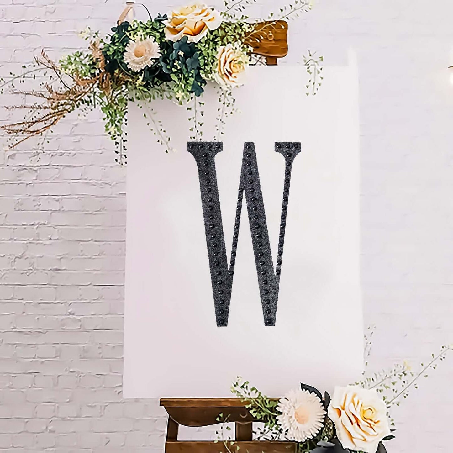 Decorative Rhinestone Alphabet "W" Letter Stickers, Glitter Adhesive Craft Letters Black DIY Sparkle Embellishments 8"