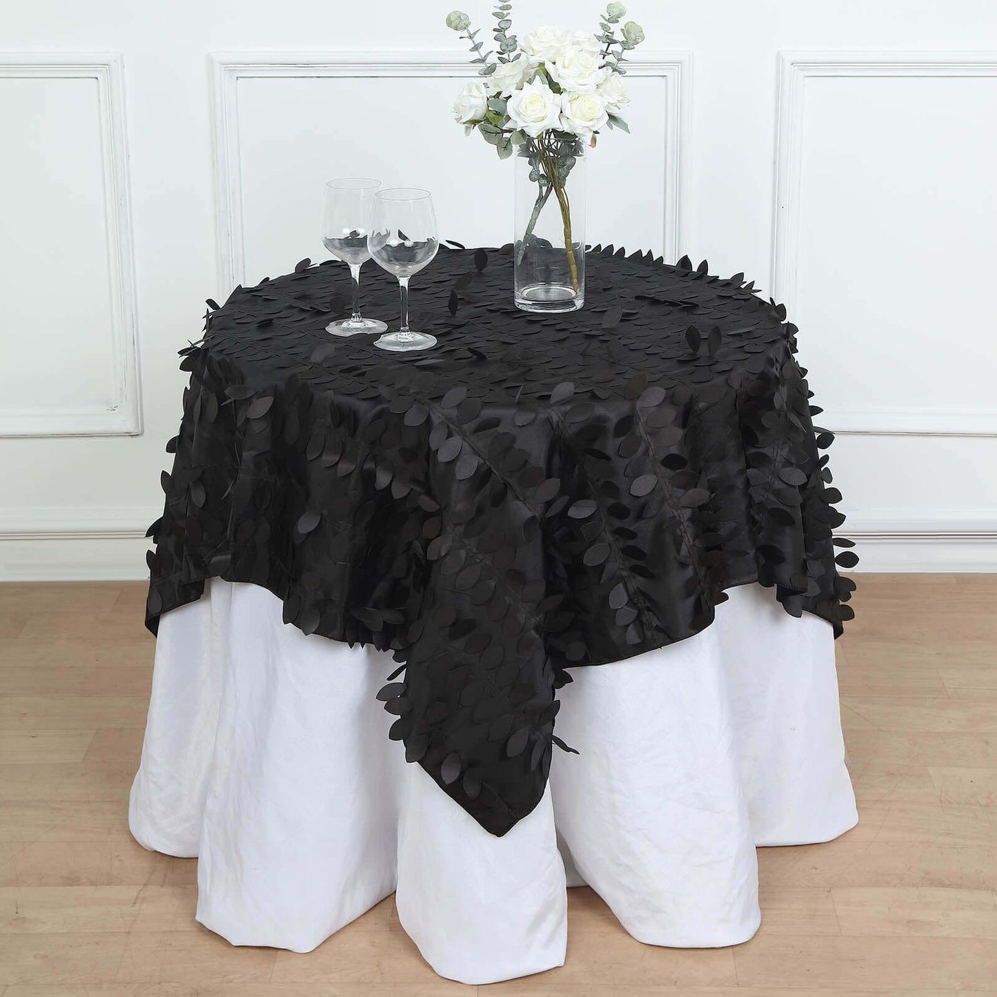 Taffeta 54"x54" Table Overlay Square Tablecloth Black 3D Leaf Petal Table Cover
