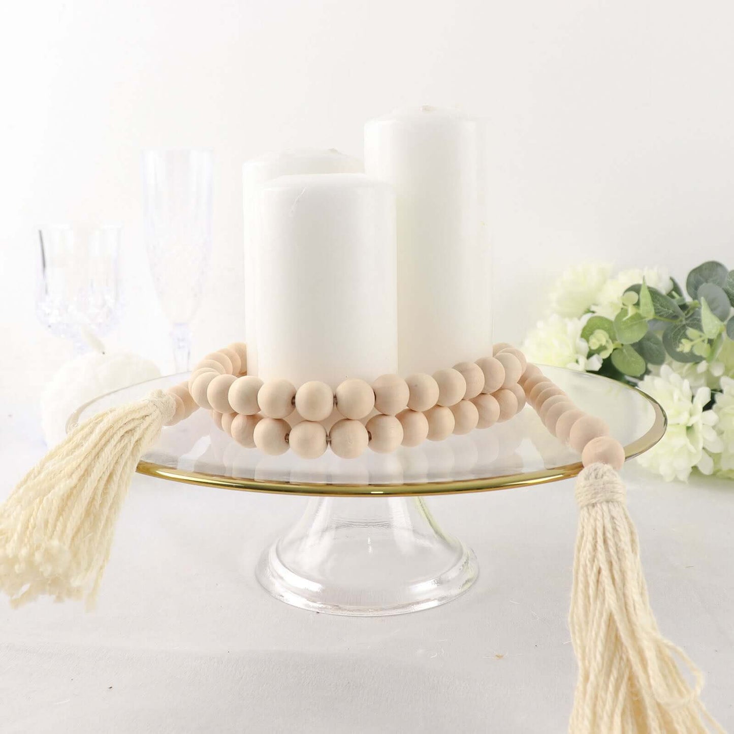 55" Cream Rustic Boho Chic Wood Bead Garland With Tassels, Farmhouse Country Wood Bead Chain