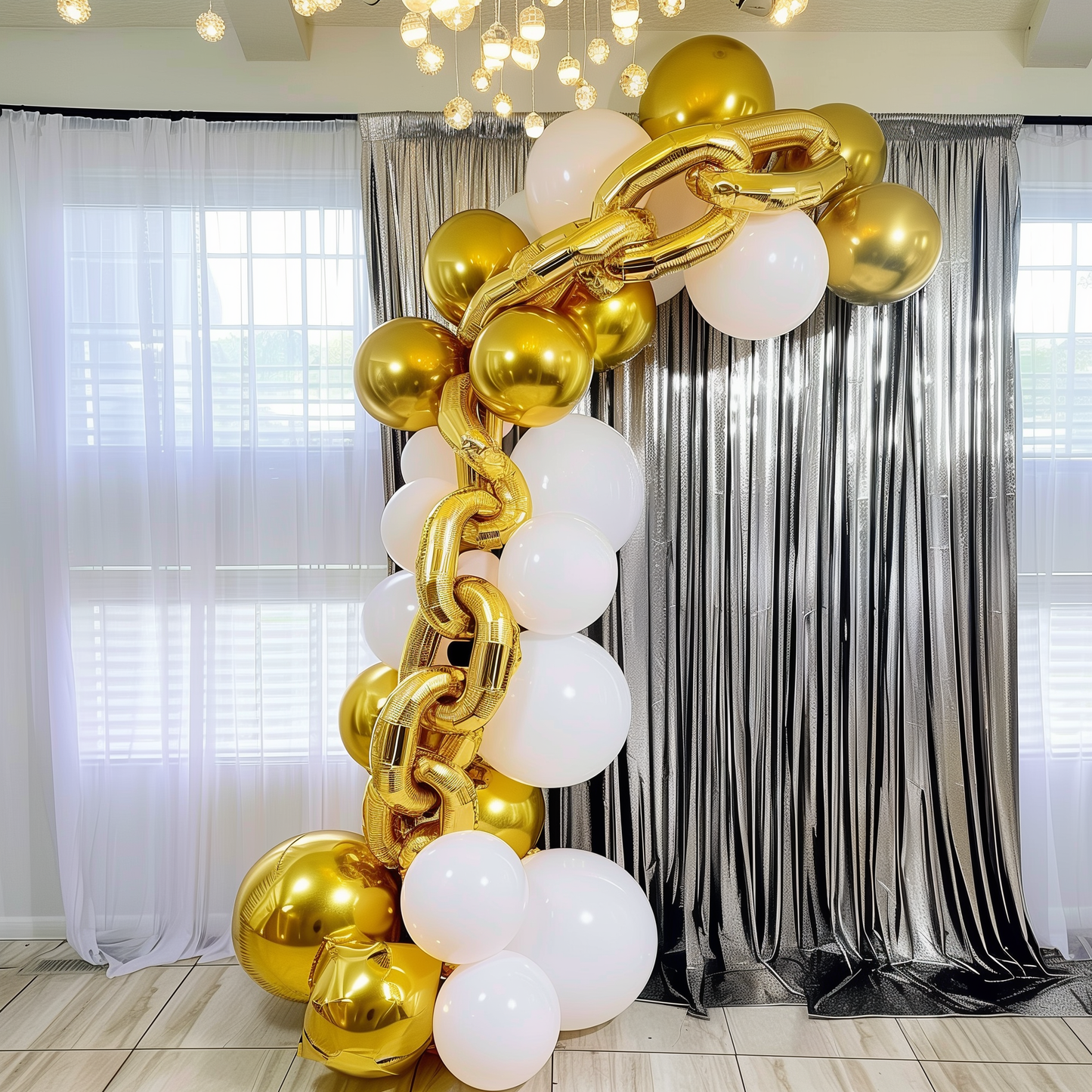 16ft Jumbo Chain Link Balloons in Gold, 30pack Durable Foil Chain Balloons for 90s Hip Hop Party Decorations, Event Decor