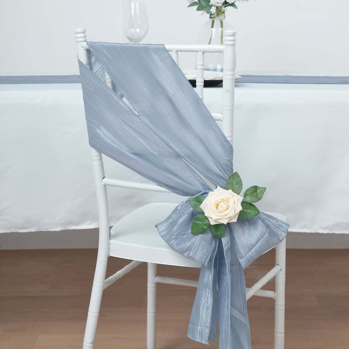 5 Pack Taffeta 6"x106" Chair Sashes Dusty Blue Accordion Crinkle Texture - Stylish Decor for Weddings & Gatherings