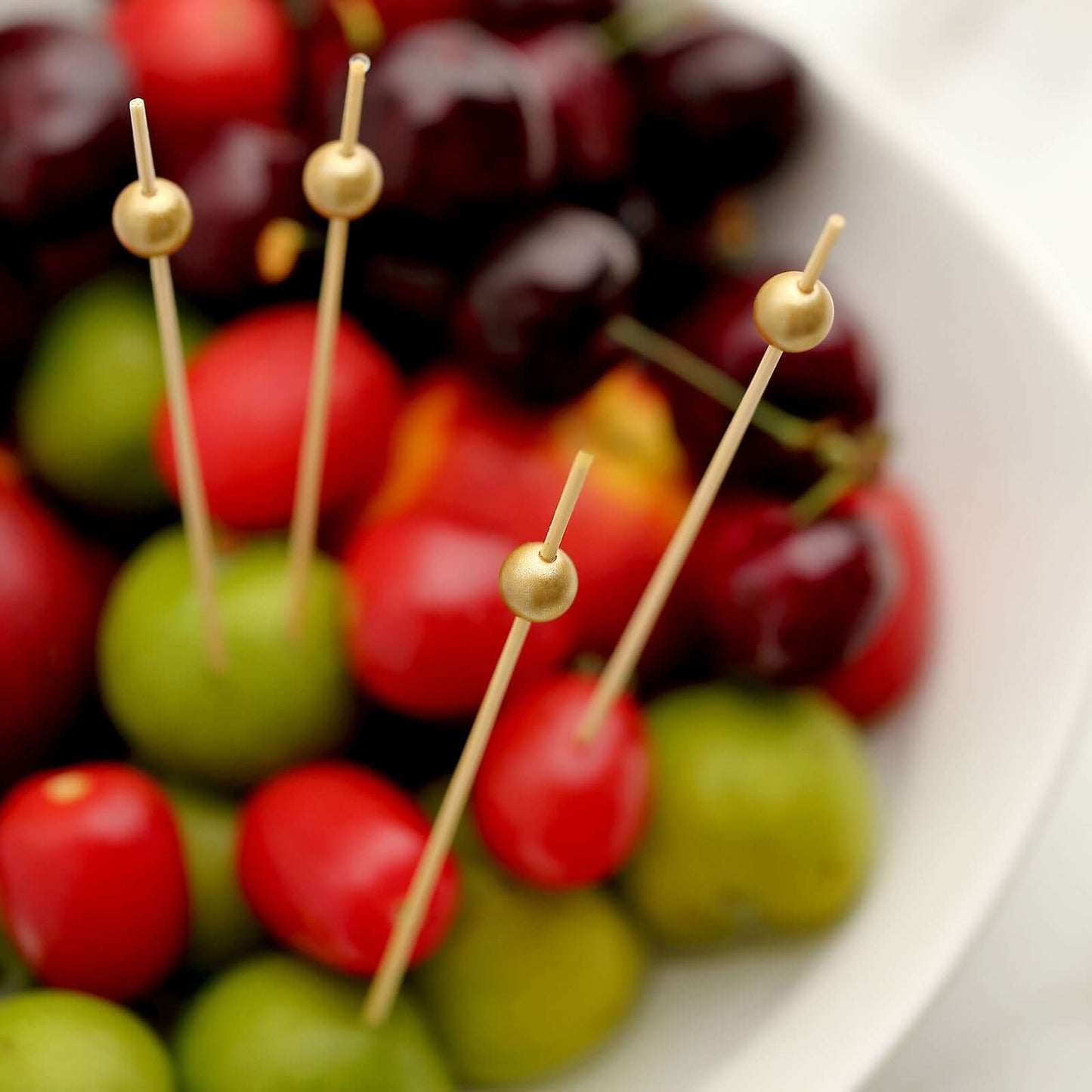 100-Pack Bamboo Cocktail Picks Gold Pearl Decorative Top Design - Eco Friendly Stir Sticks 4.5"