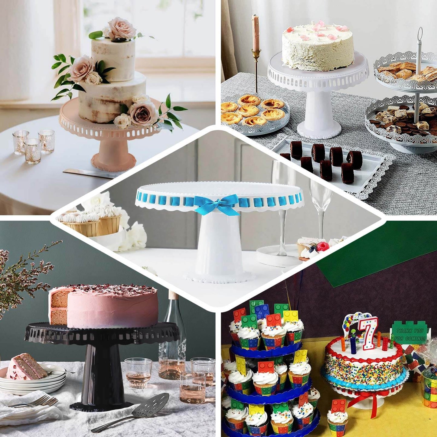 4-Pack Plastic Round Pedestal Cake Stands Clear - Reusable Cupcake Pastry Display Risers with Hollow Ribbon Trim Edges for Stylish Dessert Presentation 13"
