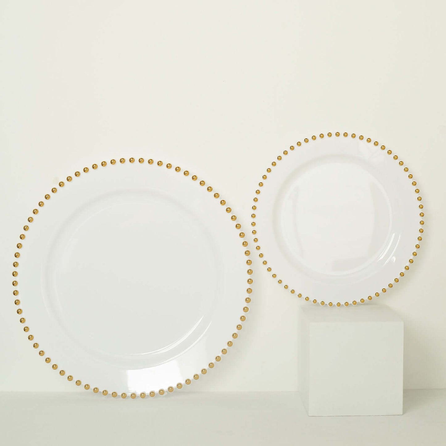10-Pack White Plastic Dessert Plates â€“ 8" Round with Gold Beaded Rim, Disposable for Parties & Events