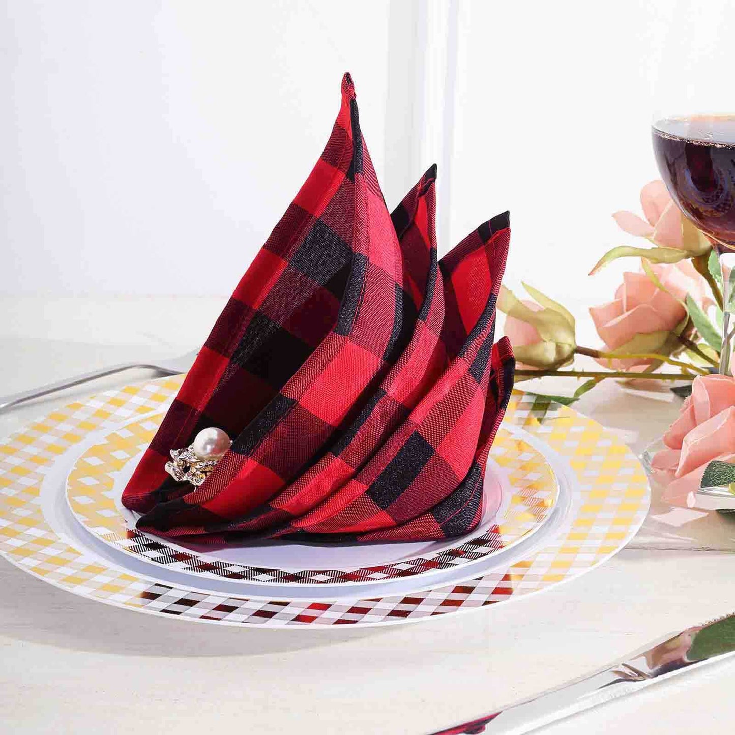 5 Pack Polyester 15"x15" Napkins Black/Red Buffalo Plaid Gingham Style Cloth Napkins