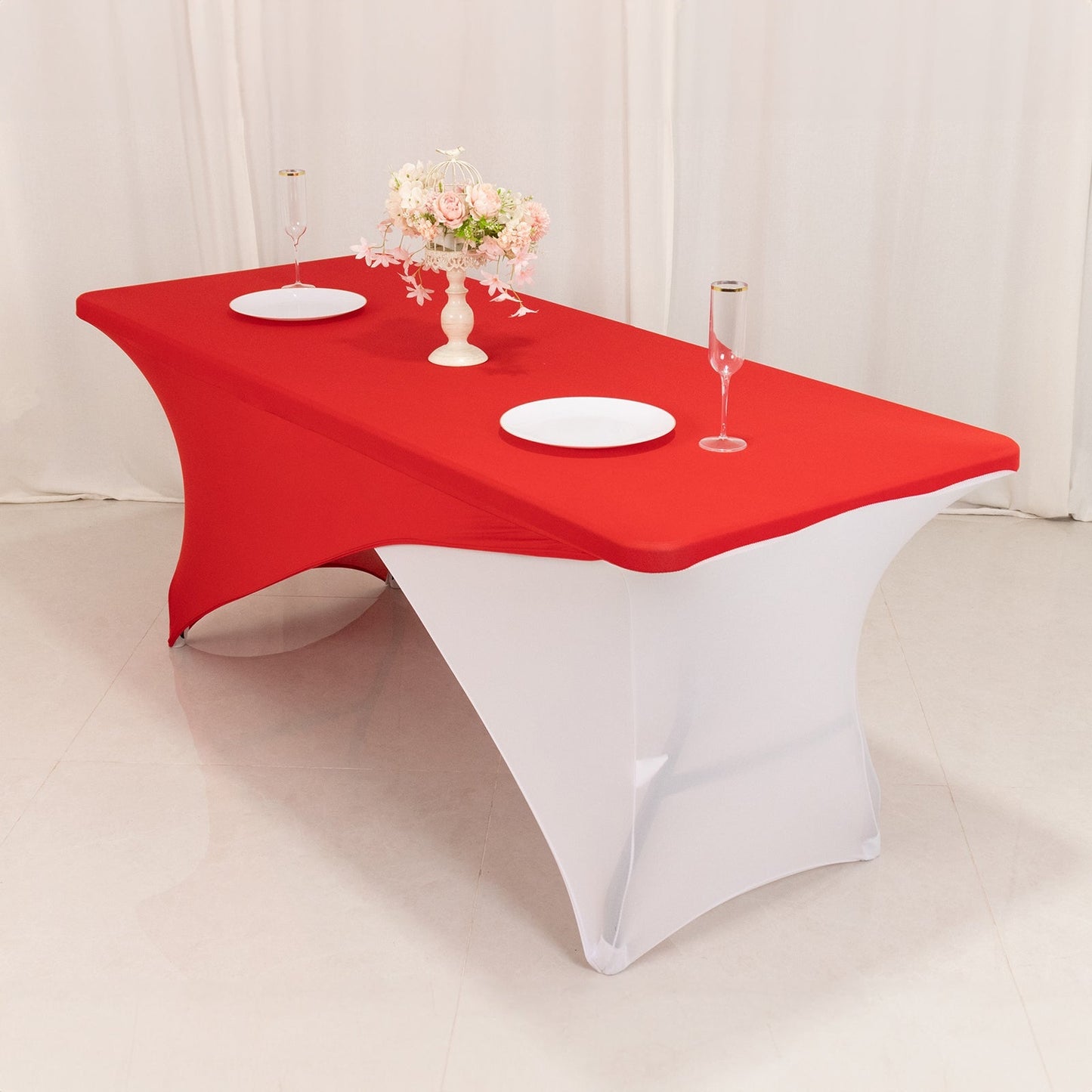 Stretch Spandex 72"x30" Rectangle Table Cover Red/White Cross Over Design - Versatile & Sleek Two-Piece Fitted Tablecloth with Elastic Foot Pockets