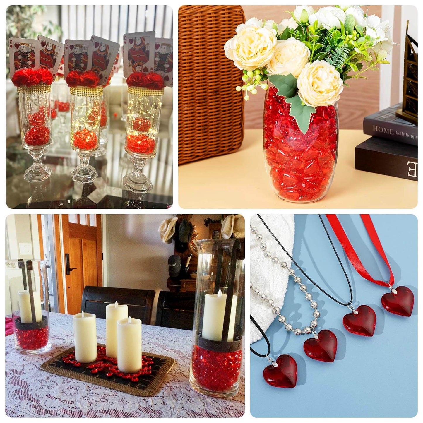 250 Pcs Acrylic Heart Diamond Gems Red Vase Fillers - Romantic Translucent Table Scatters for Valentineâ€™s Day & Events