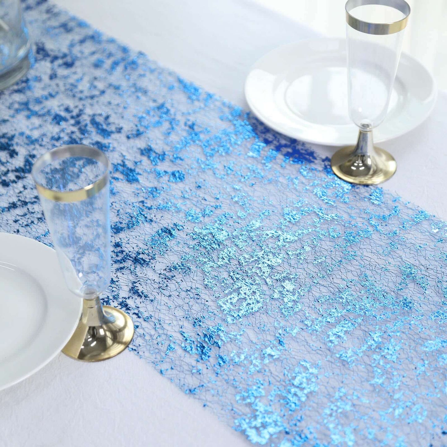 Mesh Polyester 108" Table Runner Roll Metallic Royal Blue - Distressed Foil Look Disposable Table Decor