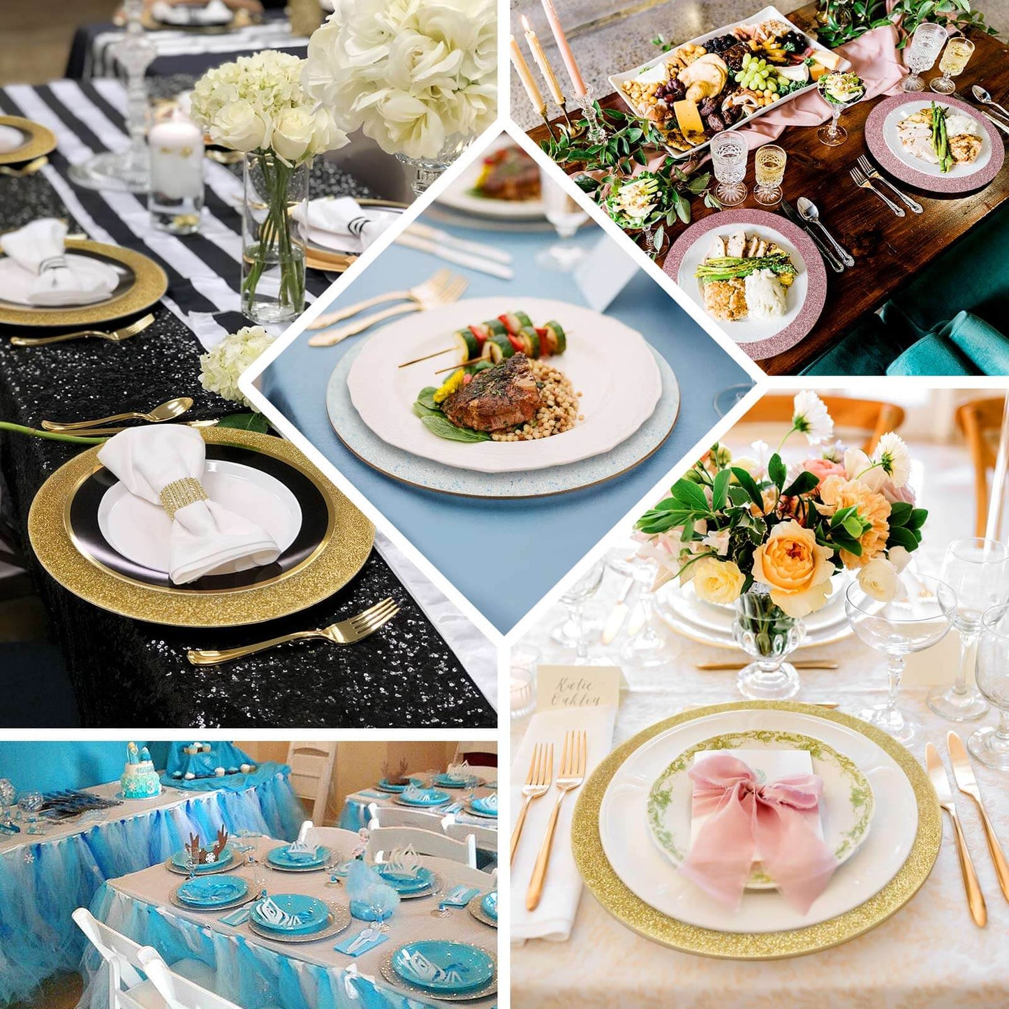 6-Pack Acrylic Plastic Round Charger Plates 13" in Silver with Dust Free Glitter Finish, Decorative Dinner Party Charger Tableware