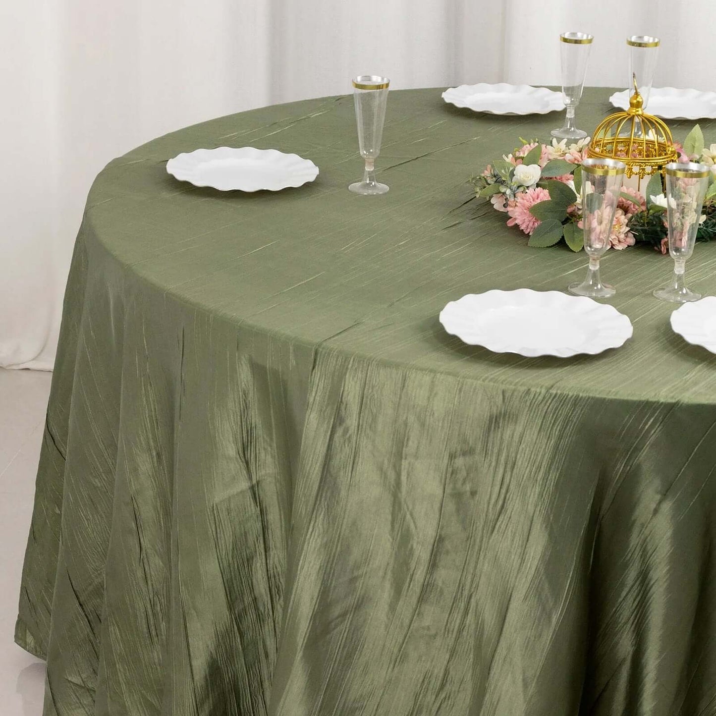 Taffeta 120" Round Tablecloth Dusty Sage Green - Seamless Accordion Crinkle Table Cover