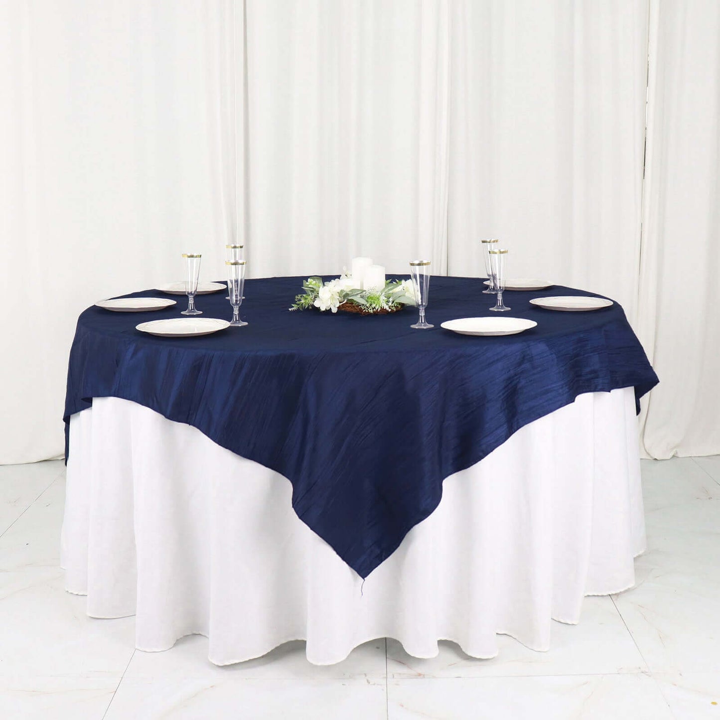 Taffeta 72"x72" Table Overlay Square Tablecloth Navy Blue - Accordion Crinkle Table Cover