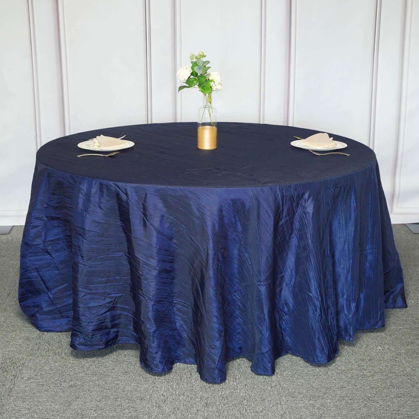 Taffeta 120" Round Tablecloth Navy Blue - Seamless Accordion Crinkle Table Cover