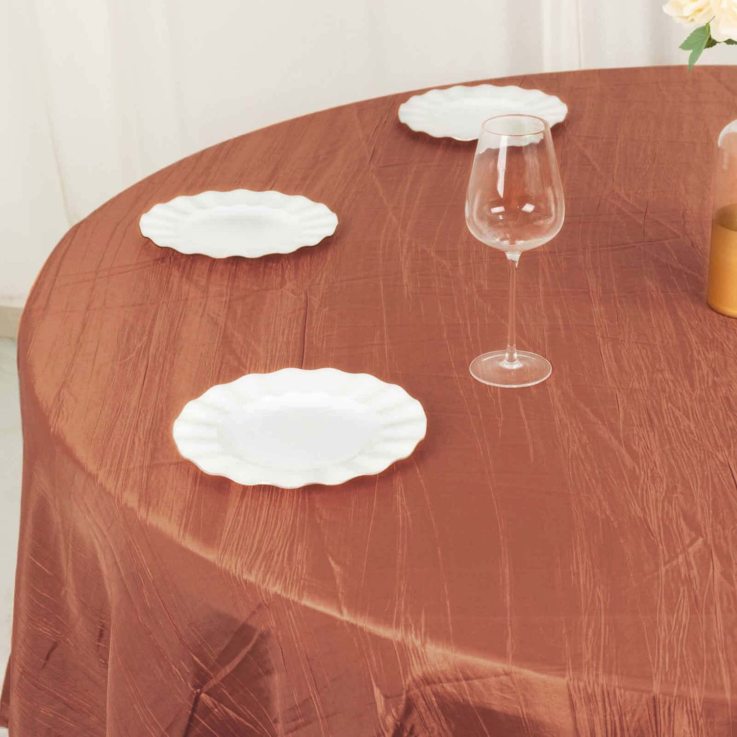 Taffeta 120" Round Tablecloth Terracotta (Rust) - Seamless Accordion Crinkle Table Cover