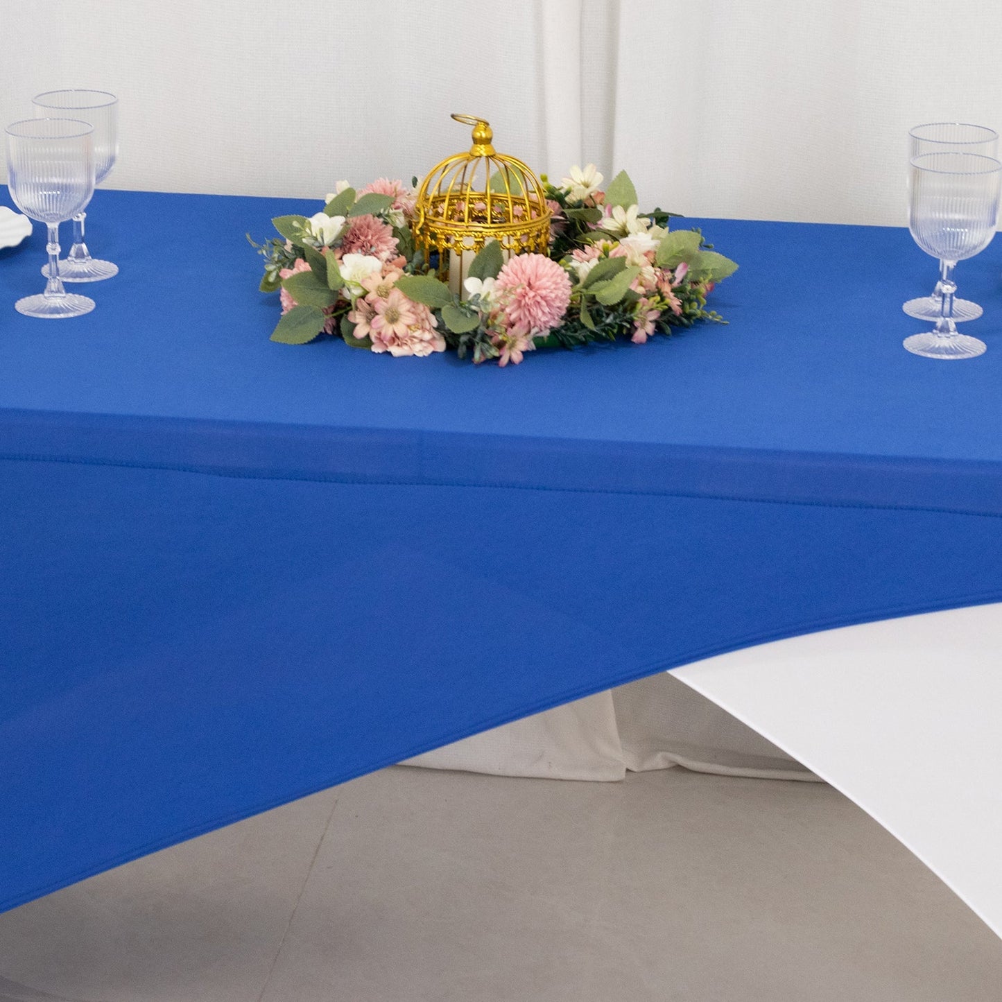 Stretch Spandex 72"x30" Rectangle Table Cover Royal Blue/White Cross Over Design - Two-Piece Fitted Tablecloth with Elastic Foot Pockets