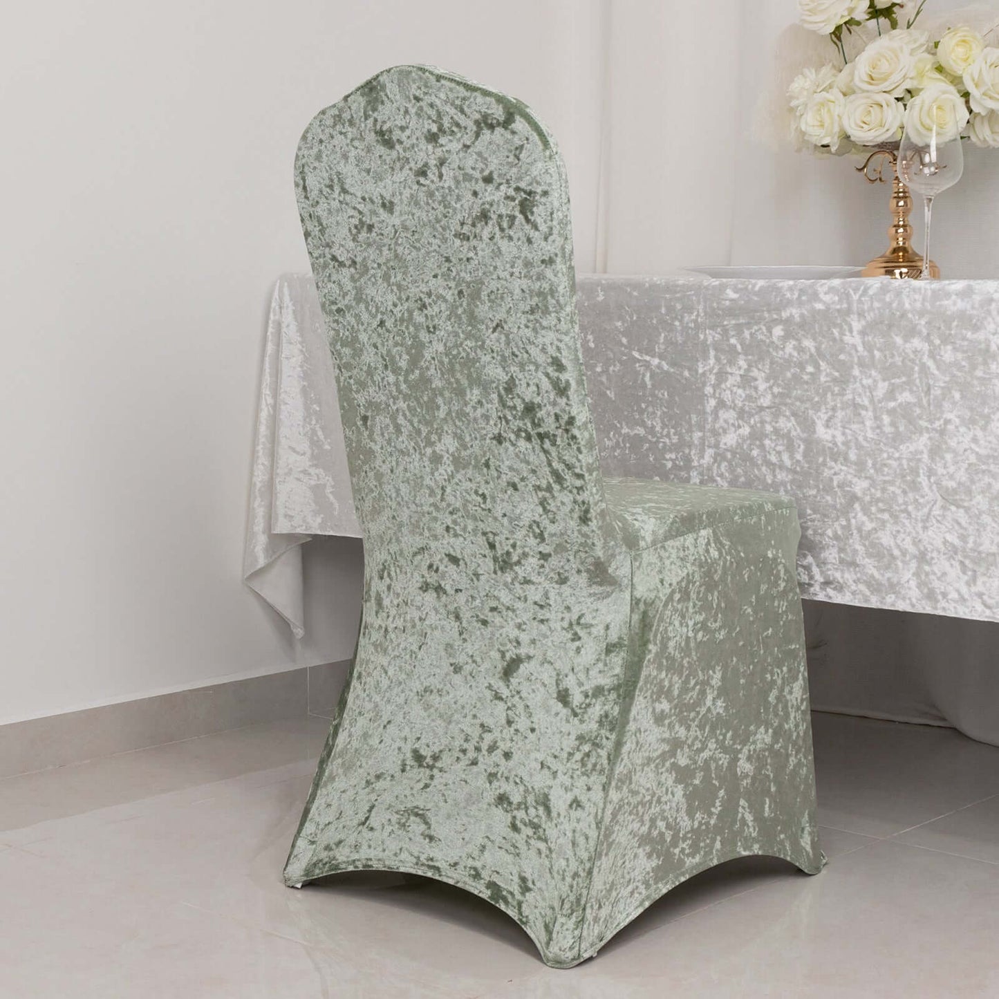 Crushed Velvet Spandex Banquet Chair Cover Fitted Slipcover Sage Green - Stretch 190GSM Slipcover with Foot Pockets