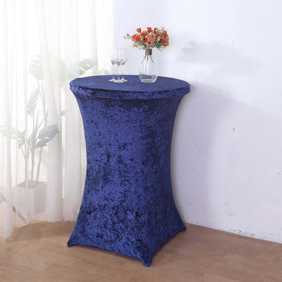 Crushed Velvet Spandex 30’’ Round Cocktail Table Cover Navy Blue Smooth Highboy Tablecloth - Tablecloths
