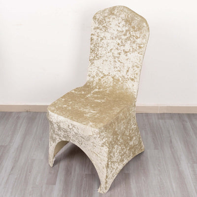 Crushed Velvet Spandex Banquet Chair Cover Fitted Slipcover Beige - Stretch 190GSM Slipcover with Foot Pockets - Chair