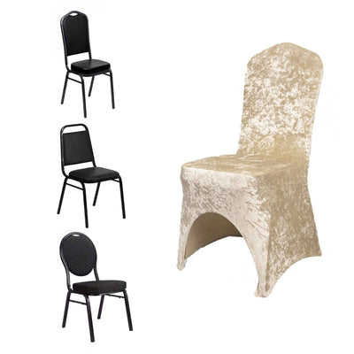 Crushed Velvet Spandex Banquet Chair Cover Fitted Slipcover Beige - Stretch 190GSM Slipcover with Foot Pockets - Chair