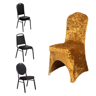 Crushed Velvet Spandex Banquet Chair Cover Fitted Slipcover Gold - Stretch 190GSM Slipcover with Foot Pockets - Chair