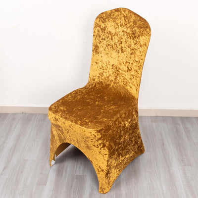Crushed Velvet Spandex Banquet Chair Cover Fitted Slipcover Gold - Stretch 190GSM Slipcover with Foot Pockets - Chair