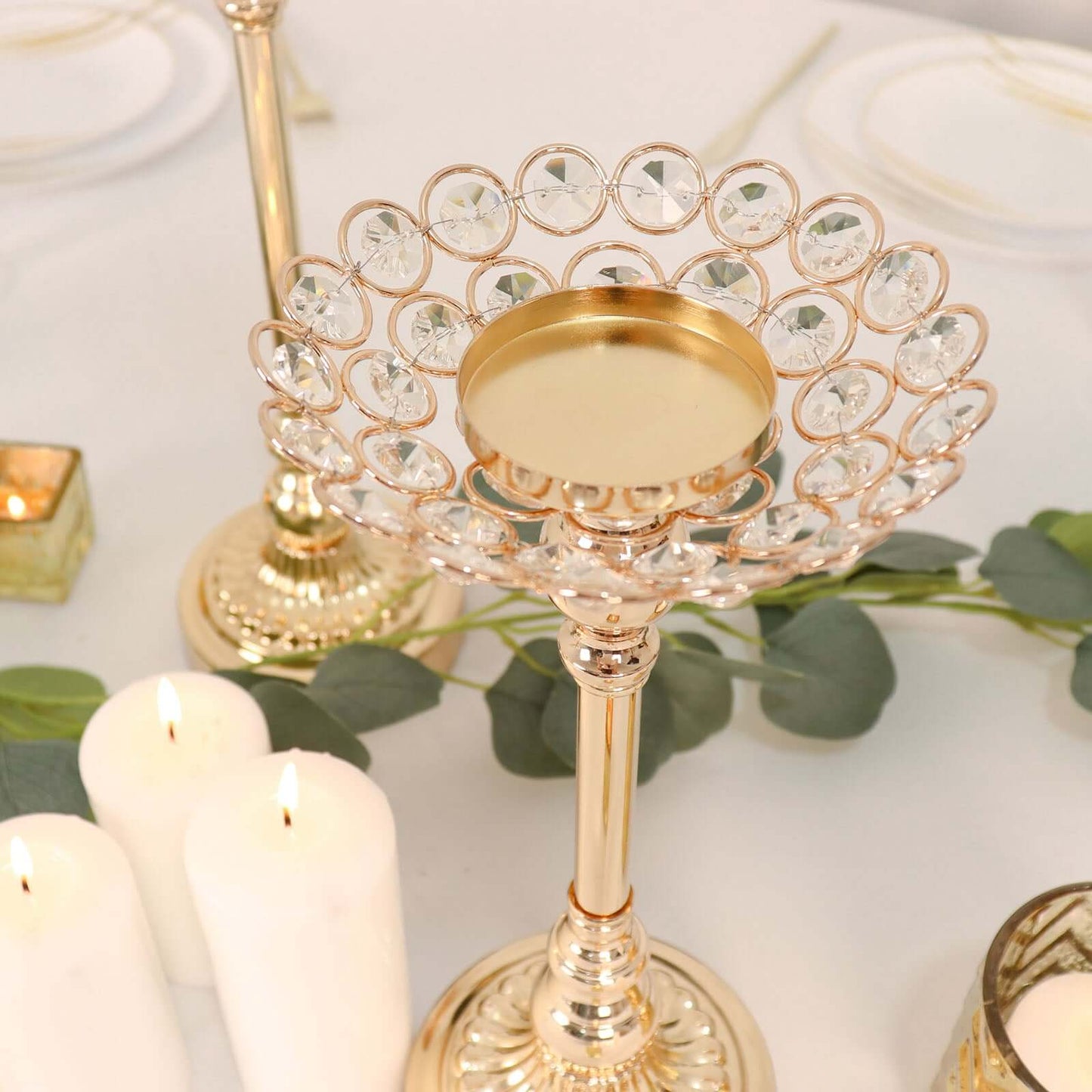 Set of 3 Metal Votive Candle Holders Crystal Beaded Design Gold - Tea Light Centerpieces 11", 13", 15"