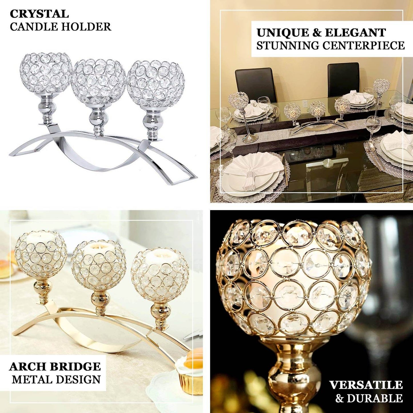 3-Arm Arch Bridge Candelabra Gold with Crystal Beads - Chic Table Centerpiece for Events 16"