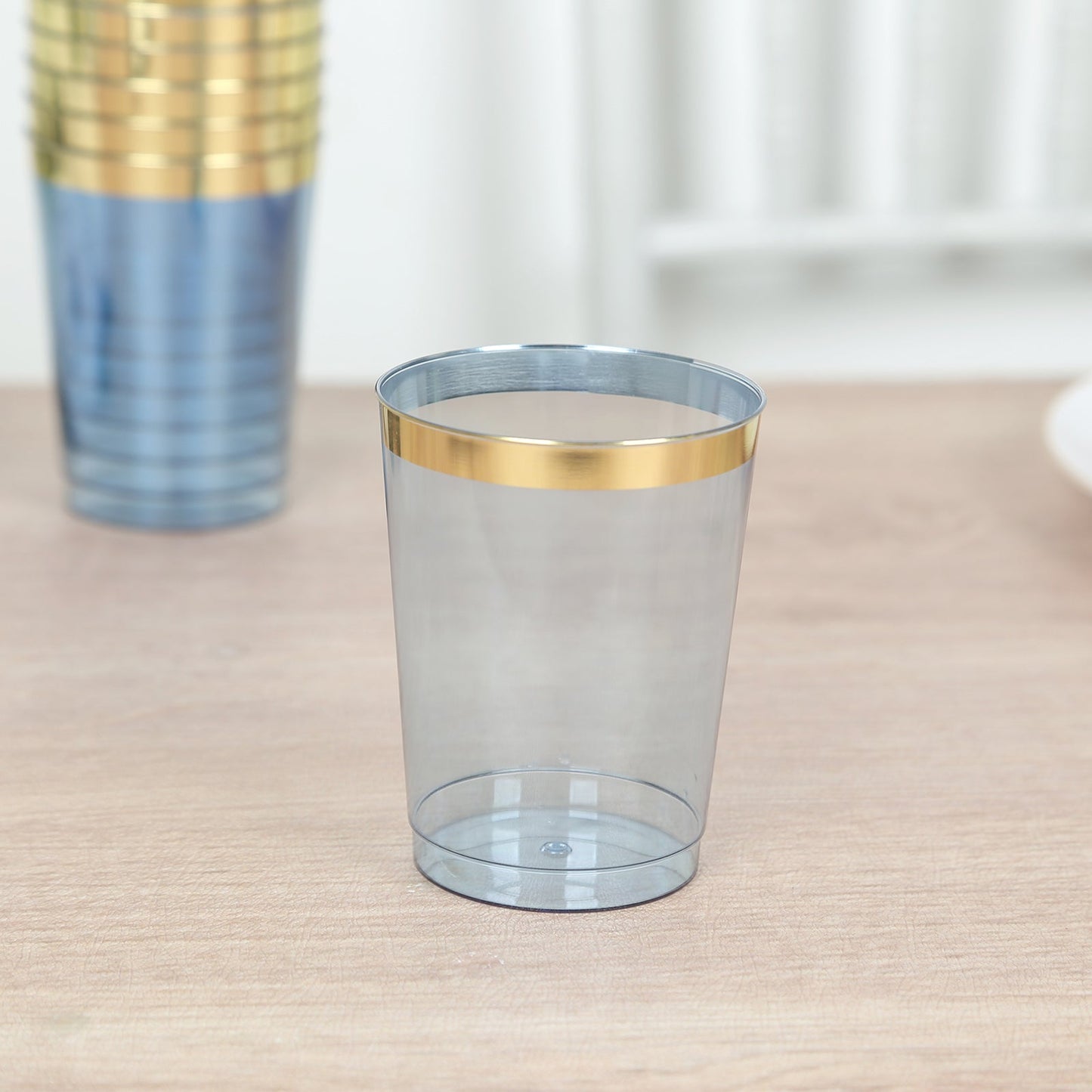 25-Pack Plastic Tumbler Cups Transparent Dusty Blue with Gold Rim - Stylish Disposable Party Glasses 10oz