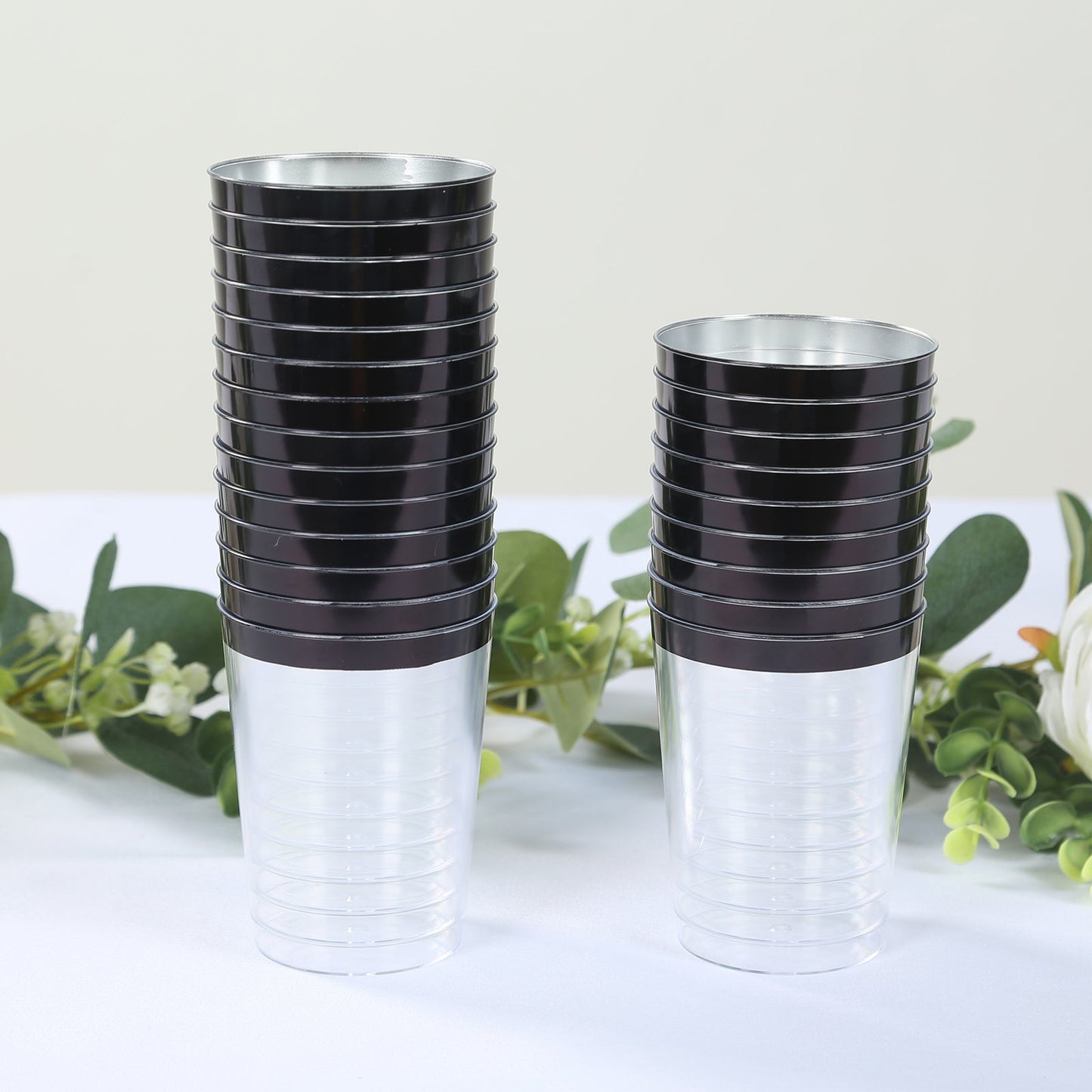 25-Pack Plastic Tumbler Cups Clear with Black Rim - Stylish Disposable Party Glasses 10oz