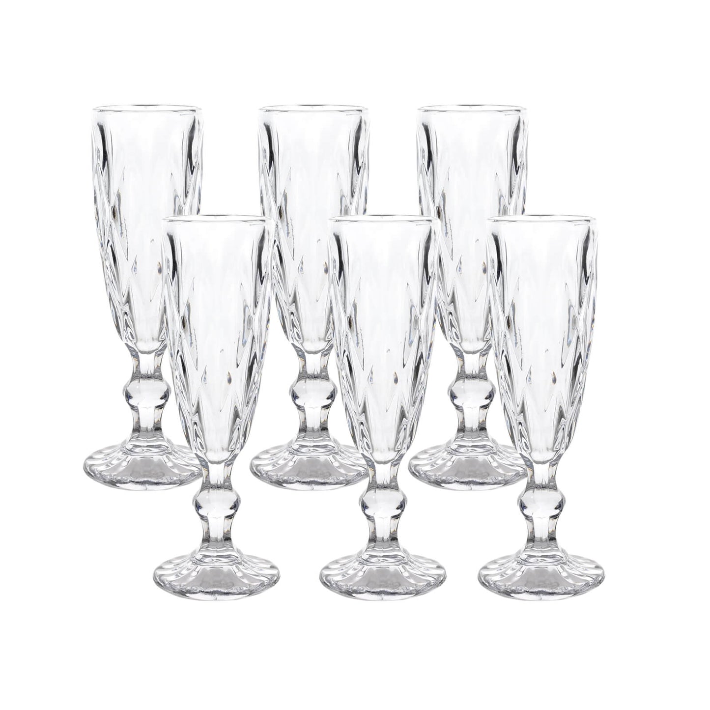 6-Pack Champagne Flute Glasses Clear Textured Crystal Cut Design - Chic Wine Goblets for Parties & Events 6oz 8"