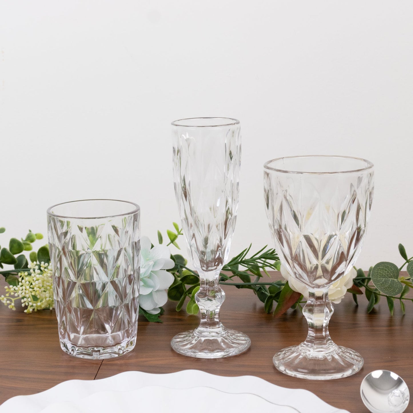 6-Pack Wine Glasses Clear Embossed Crystal Cut Design Stemmed - Goblets for Parties & Events 12oz 7"
