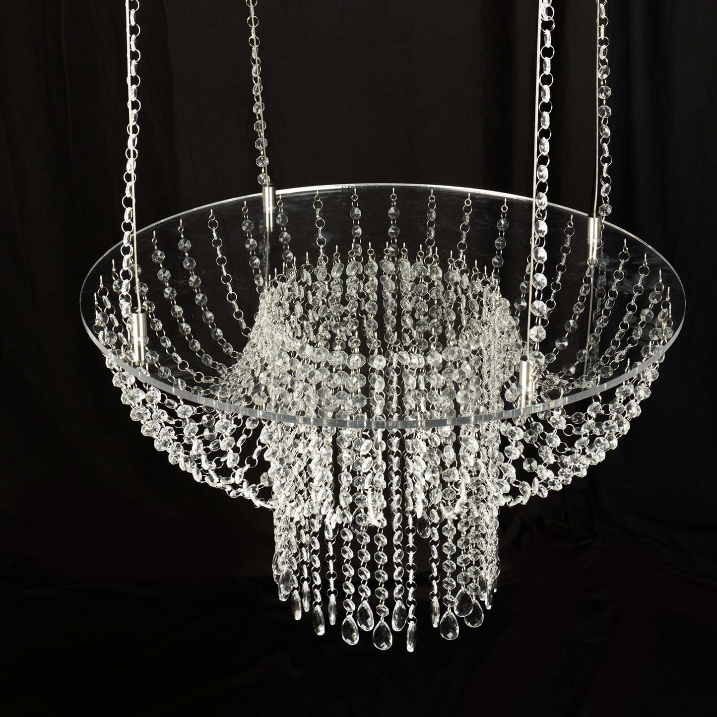 Acrylic Hanging Chandelier Cake Stand with Crystal Drapes - Suspended Round Wedding Cake Swing with 5ft Steel Wire Chains 25"