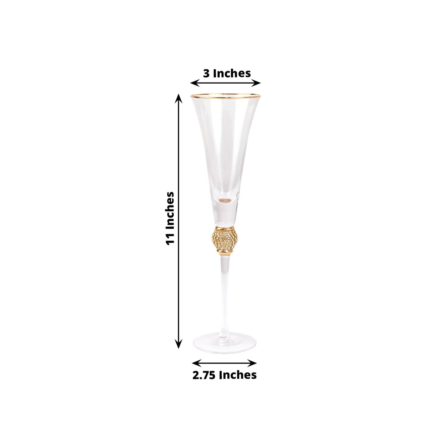 6-Pack Champagne Flute Glasses Clear Gold Rim Design with Studded Rhinestones - Long Stem Crystal Glassware for Wine & Events 6oz 11"