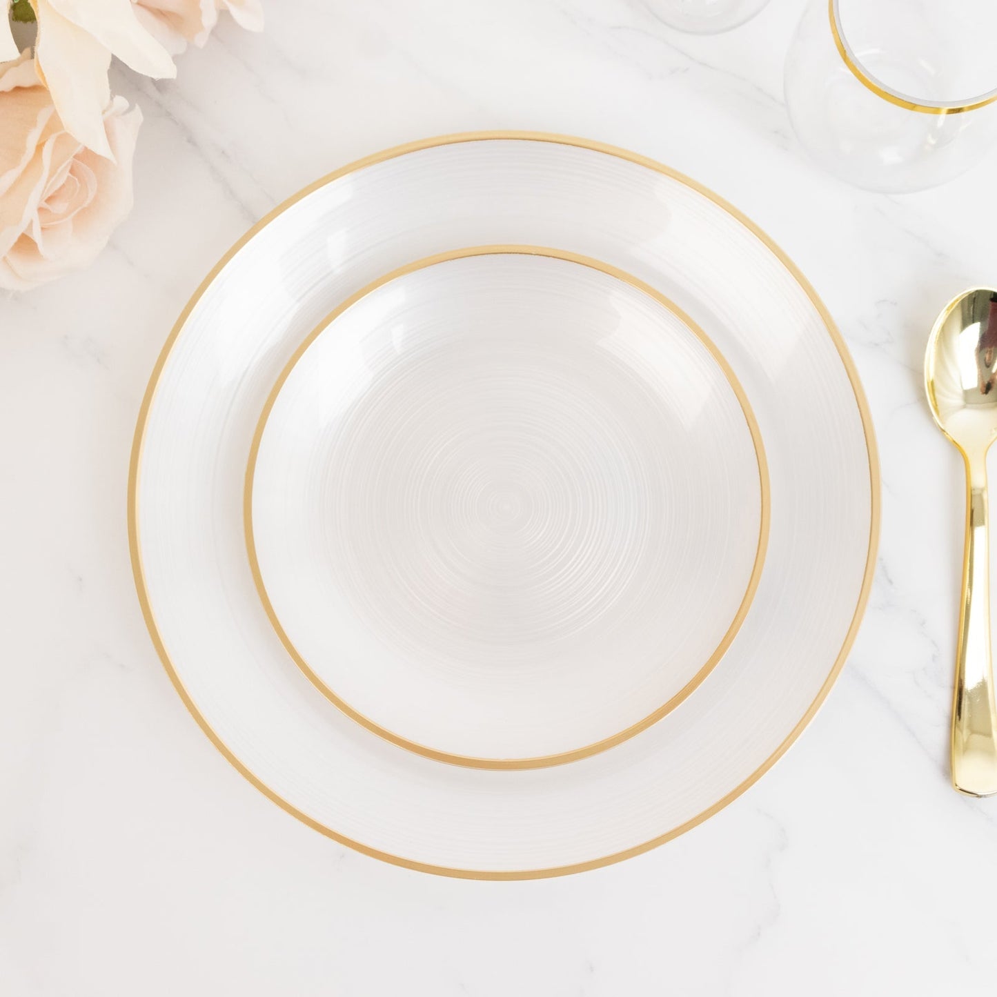 20-Pack 7" Plastic Salad Dessert Plates, Round Transparent Pearl White Swirl with Gold Rim â€“ Crystal-Like Elegant Party Plates