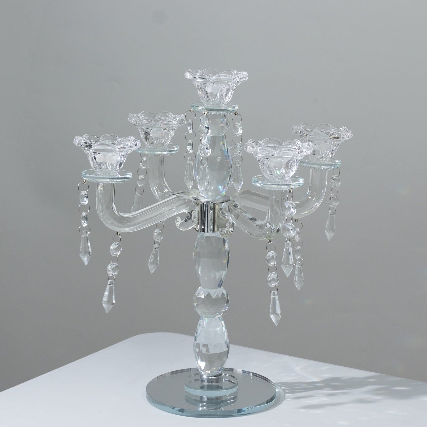 Crystal Taper Candle Holder with 5 Arms & Hanging Pendants â€“ Elegant Table Centerpiece 14’’ - Centerpieces