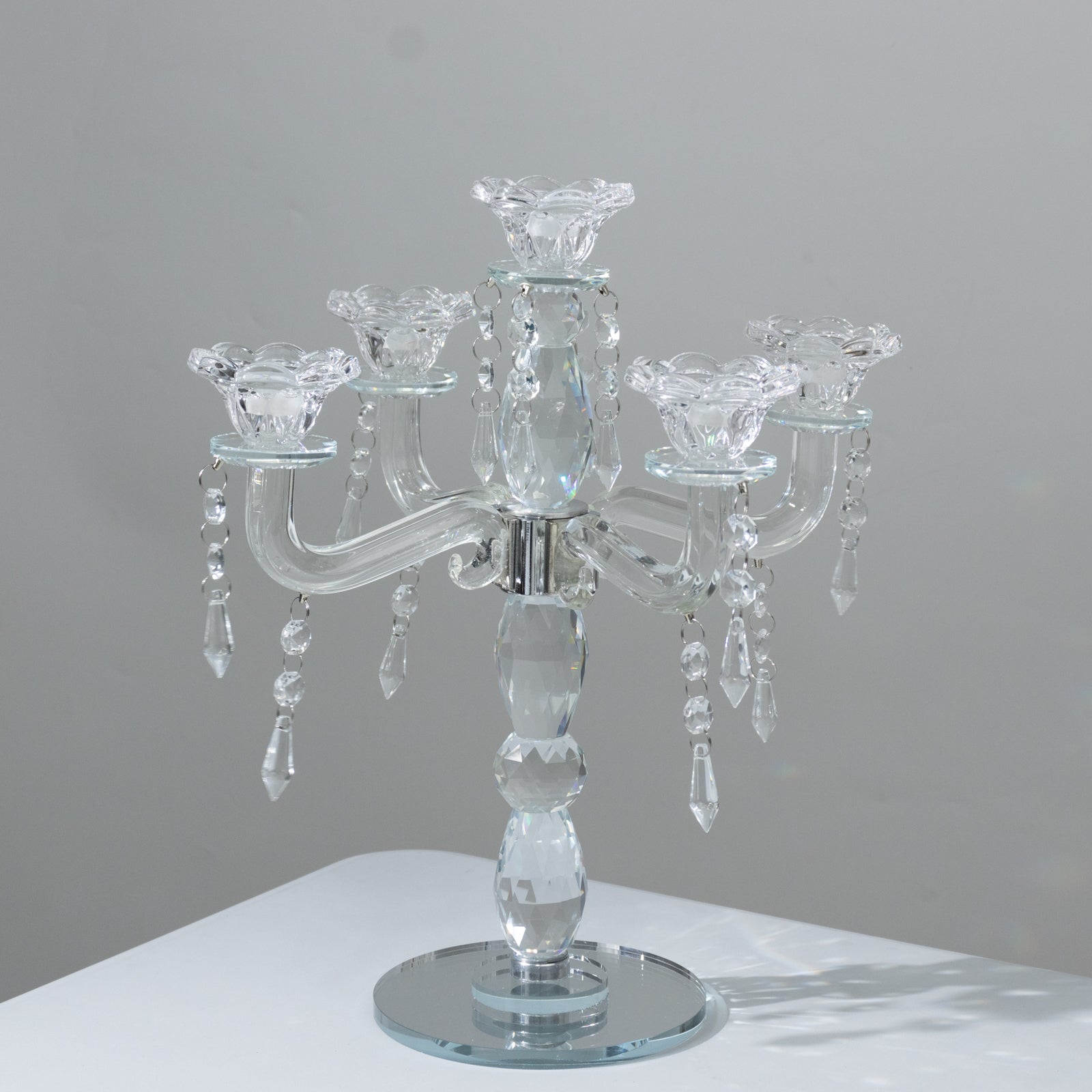 Crystal Taper Candle Holder with 5 Arms & Hanging Pendants â€“ Elegant Table Centerpiece 14’’ - Centerpieces