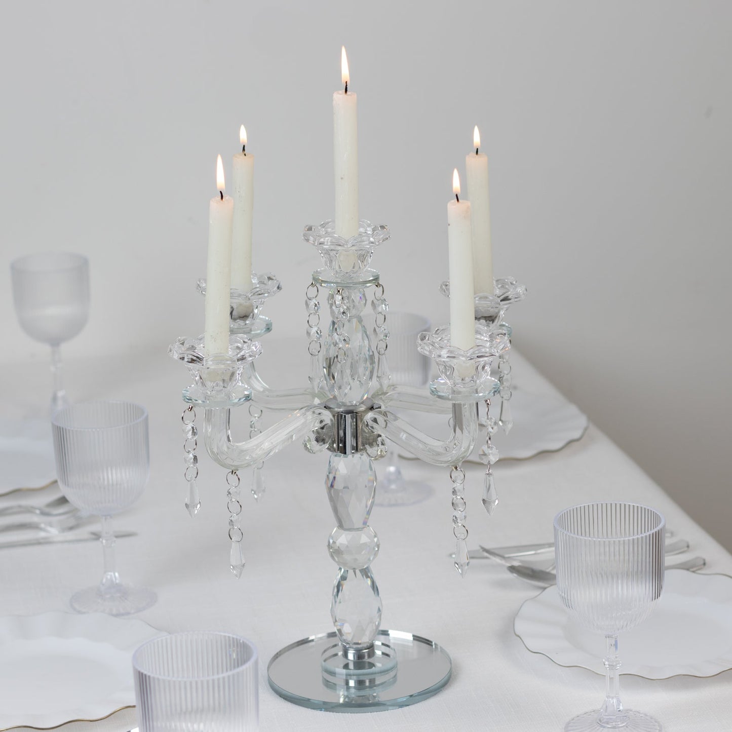 Crystal Taper Candle Holder with 5 Arms & Hanging Pendants â€“ Elegant Table Centerpiece 14’’ - Centerpieces