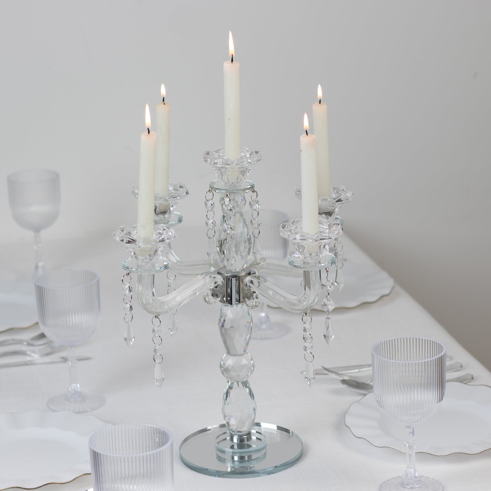 Crystal Taper Candle Holder with 5 Arms & Hanging Pendants â€“ Elegant Table Centerpiece 14’’ - Centerpieces